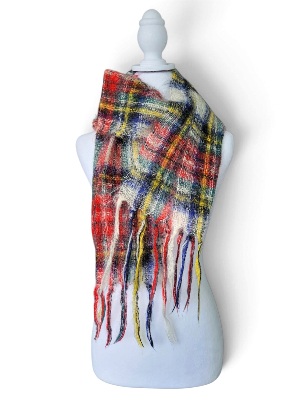 Vintage Mohair Scarf With Fringe Multicolor Plaid